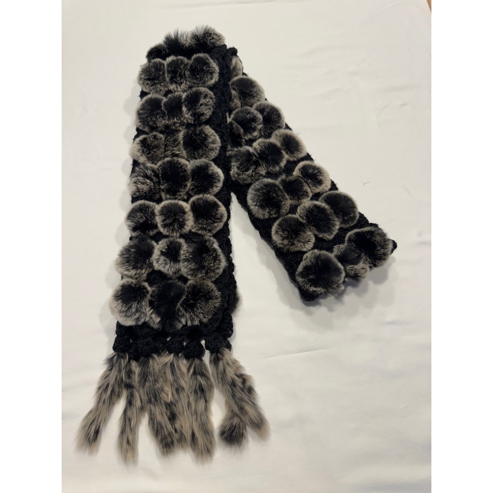 Genuine Rex Rabbit Fur‎ Pom Pom Scarf Tail Fringe OS Black Gray Exc